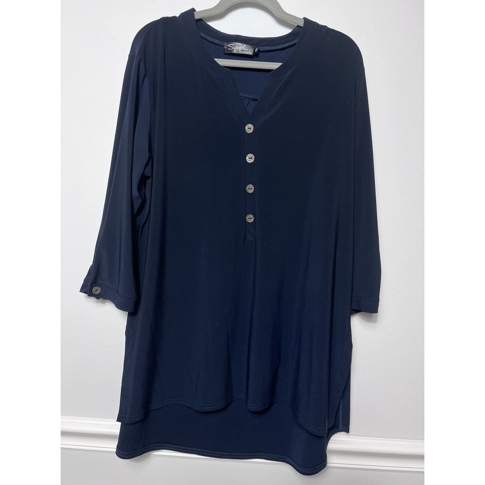 Sympli Navy High-Low Hem- Tunic Women's (12) Stretch- V Neck Lagenlook-Travel